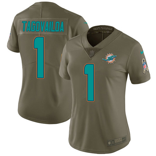 Nike Miami Dolphins #1 Tua Tagovailoa Olive Women Stitched NFL Limited 2017 Salute To Service Jersey->women nfl jersey->Women Jersey